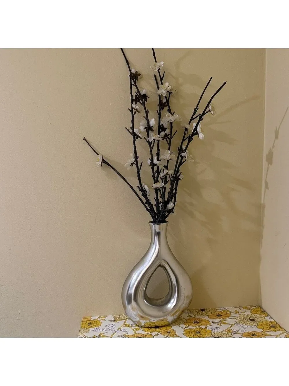 Modern Silver Vase White Floral Design | Cherry Blossoms in Silver Vase